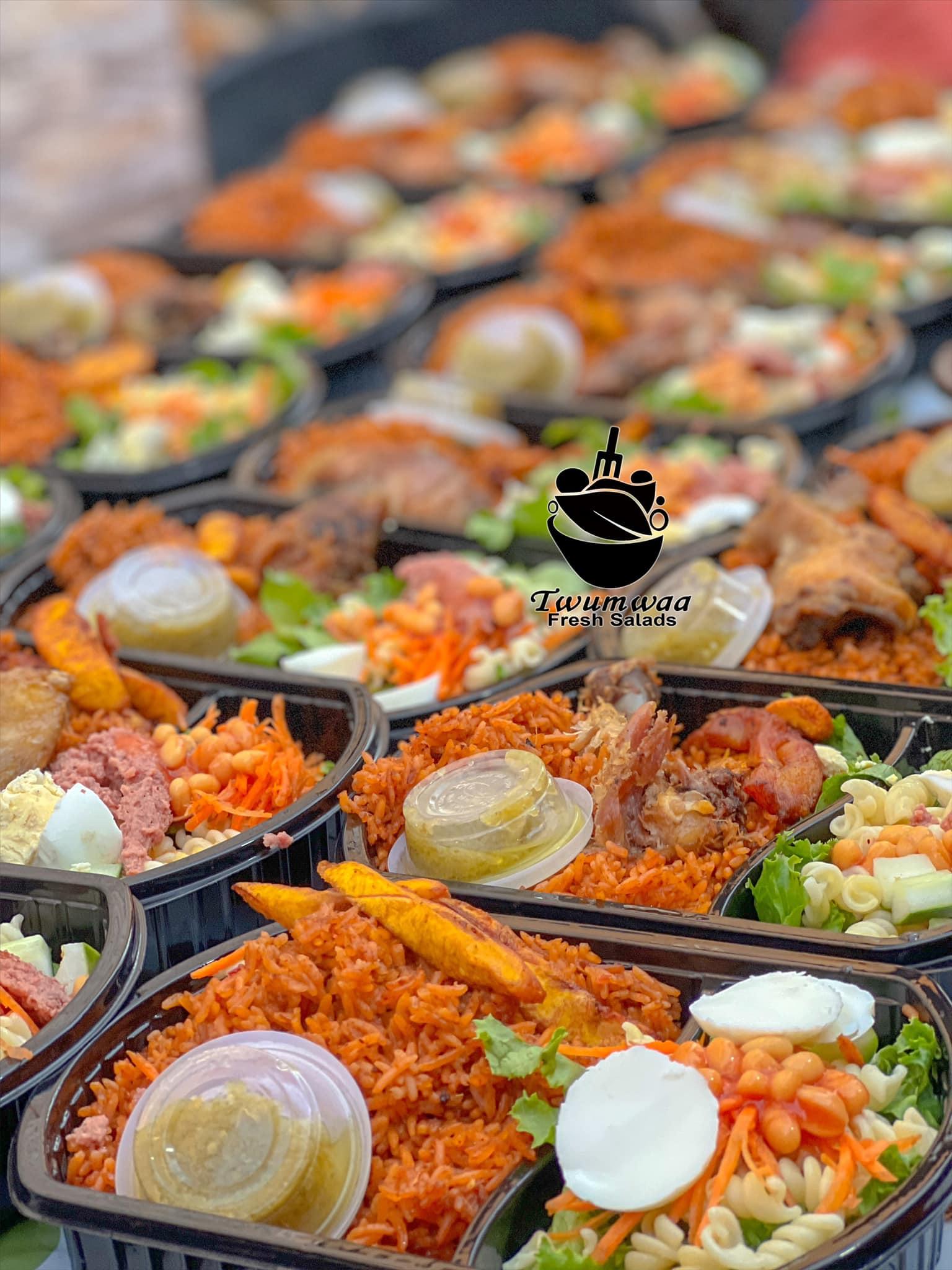 Jollof Fried Rice Chicken salad Fruits Assorted noodles Plantain Chicken Fish Juice Sandwich